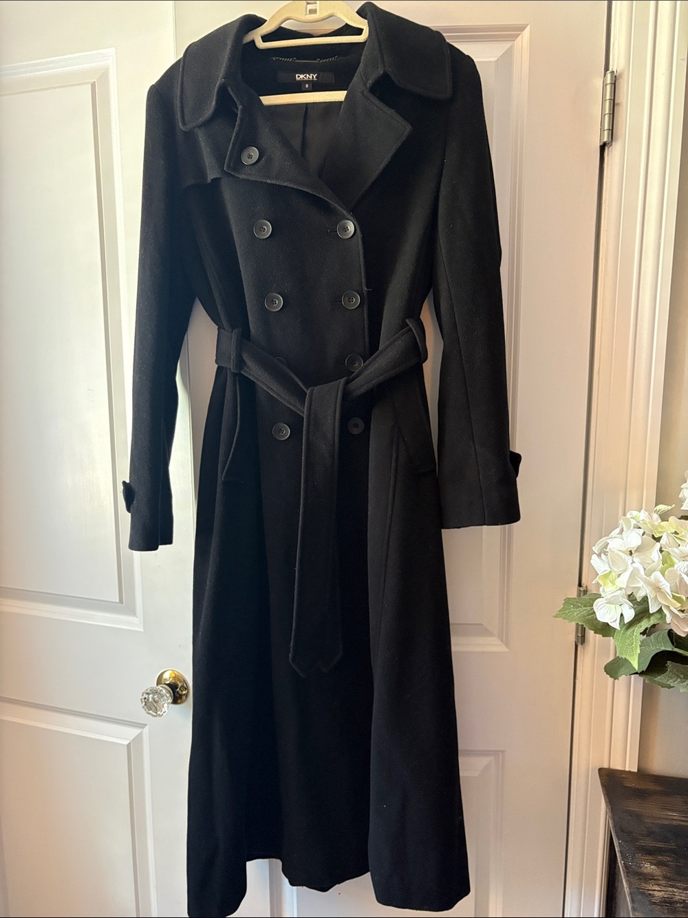 DKNY Black Double-Breasted Wool Trench with Belt